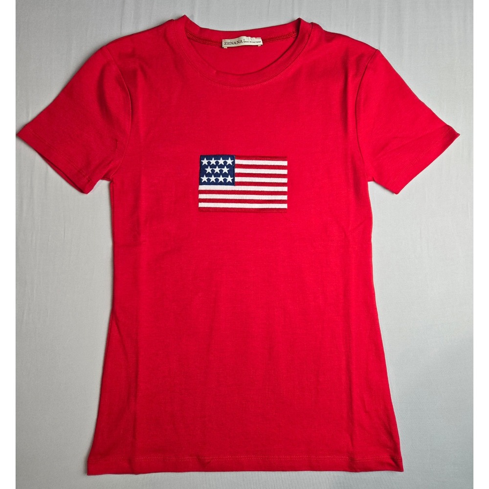 Zenana Womens Red American Flag Patch Short Sleeve T-Shirt Size M